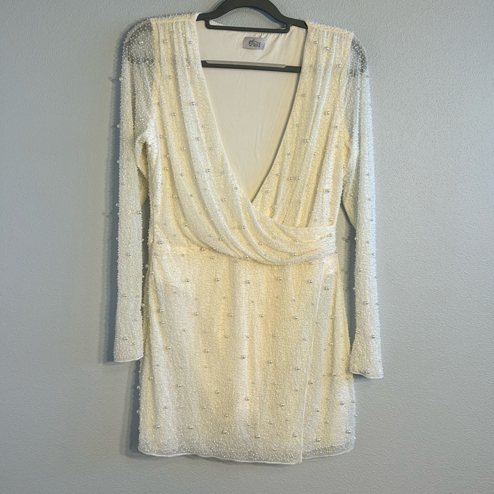 Oh Polly Cream Sequin Long Sleeve Bodysuit Dress
